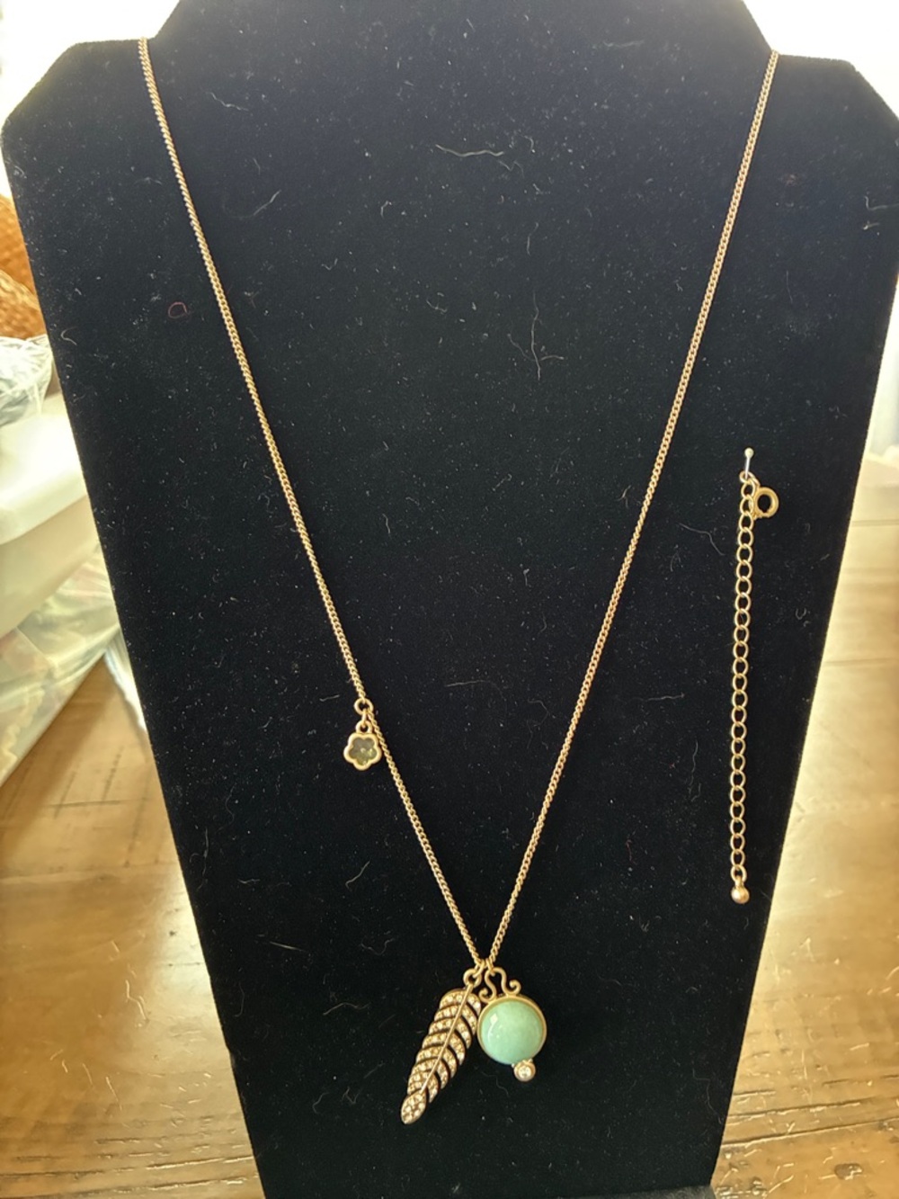 Gold-Tone Feather and Aqua Pendant Necklace with mustard seed- Women Jewelry